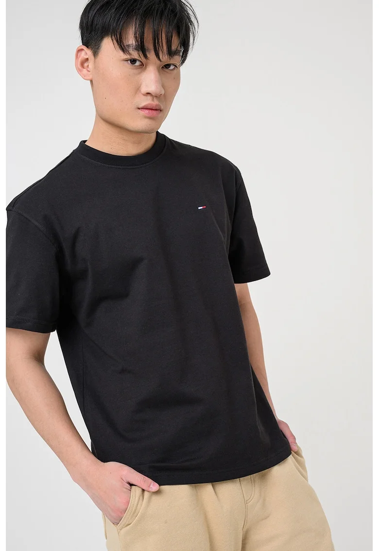 Tricou din bumbac cu decolteu la baza gatului, Negru