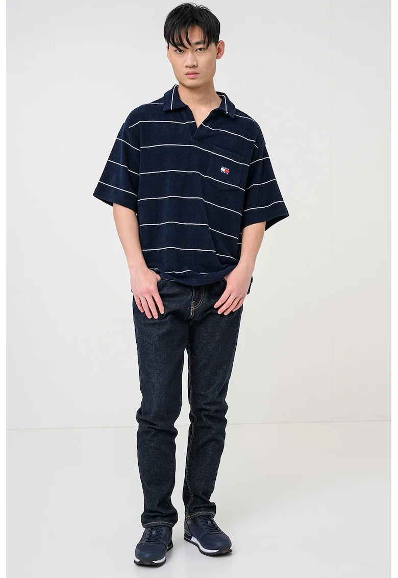 Tricou polo supradimensionat cu model in dungi, Bleumarin