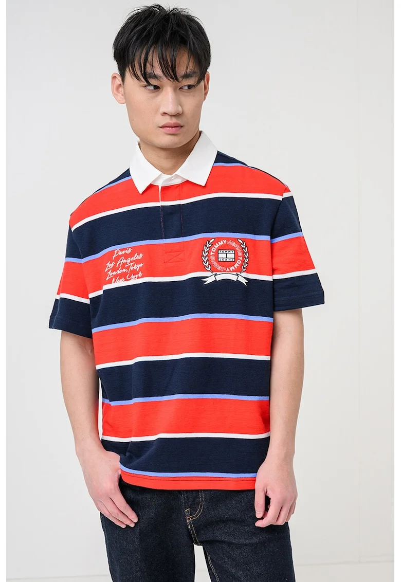 Tricou polo cu model in dungi si broderie logo, Rosu/Albastru ultramarin