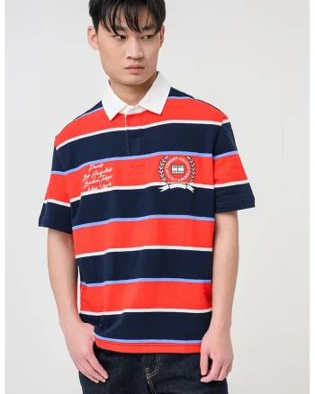 Tricou polo cu model in dungi si broderie logo, Rosu/Albastru ultramarin