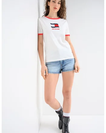 Tricou cu decolteu la baza gatului si imprimeu logo, Alb/Rosu neon