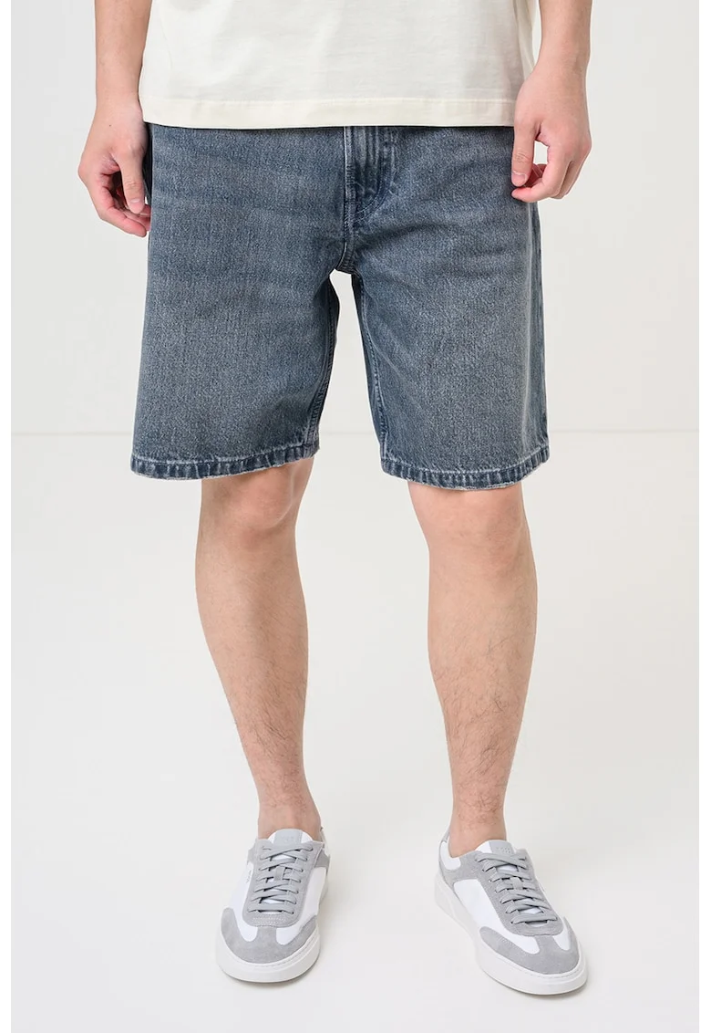 Bermude din denim cu talie medie, Albastru titan
