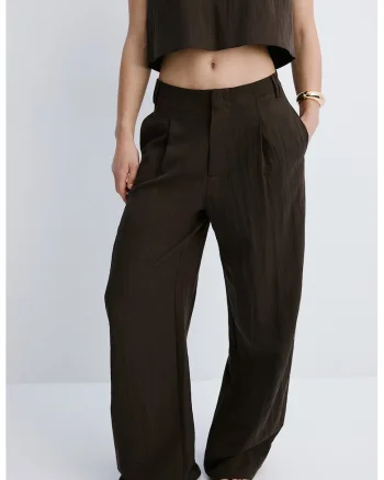 Pantaloni relaxed-fit din amestec de lyocell cu croiala dreapta, Maro inchis