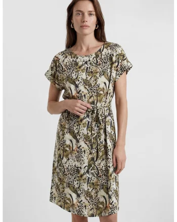 Rochie cu maneci scurte si imprimeu floral, Verde padure/Verde pal/Verde masliniu