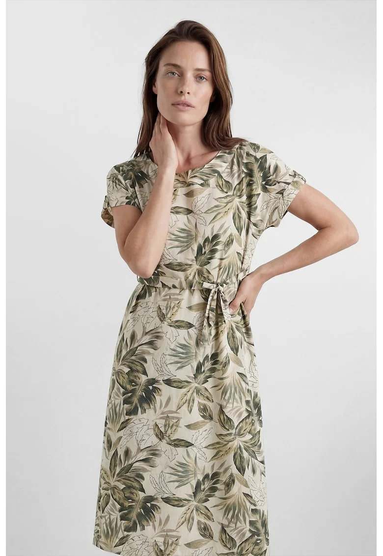 Rochie cu maneci scurte si imprimeu floral, Verde sparanghel/Verde feriga/Crem