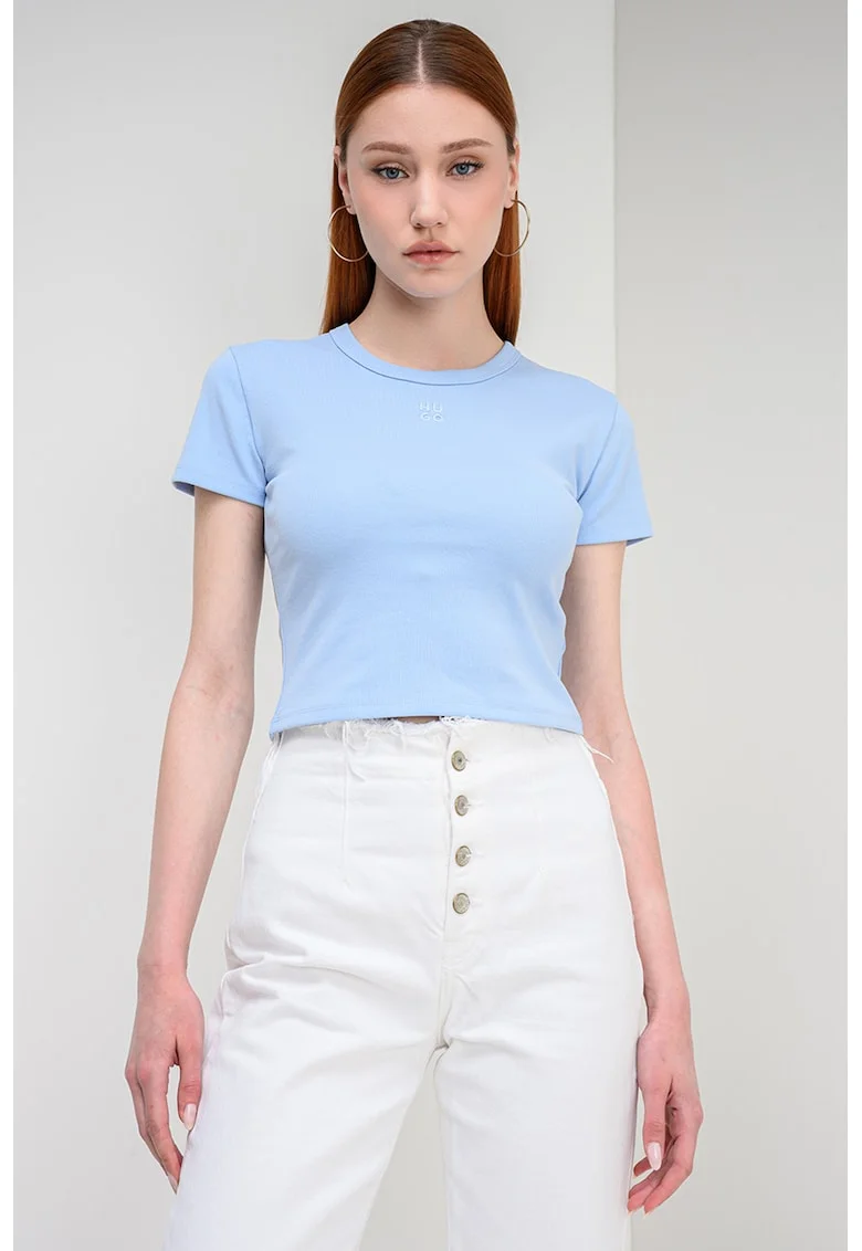 Tricou crop cu croiala slim-fit si logo brodat, Albastru glaciar