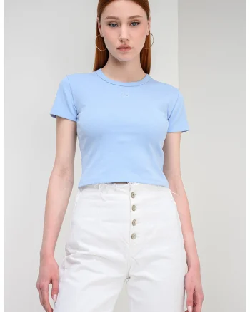 Tricou crop cu croiala slim-fit si logo brodat, Albastru glaciar