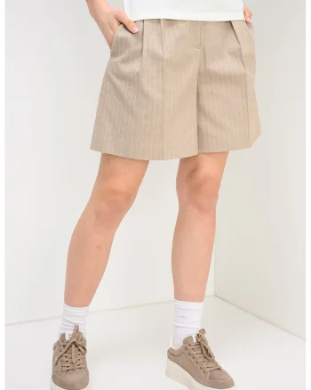 Pantaloni chino scurti din amestec de in cu model in dungi, Maro taupe deschis