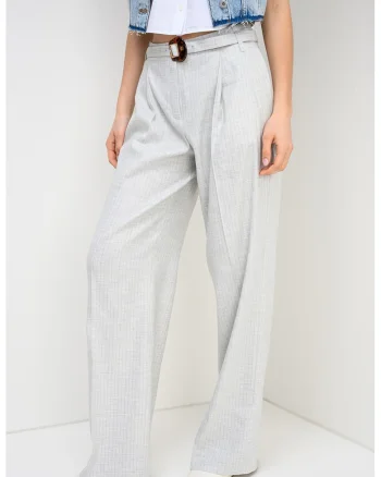 Pantaloni drepti ampli din amestec de in, Kaki/Gri deschis melange