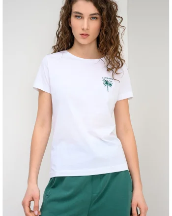 Tricou de bumbac cu decolteu la baza gatului Elove, Verde/Alb optic