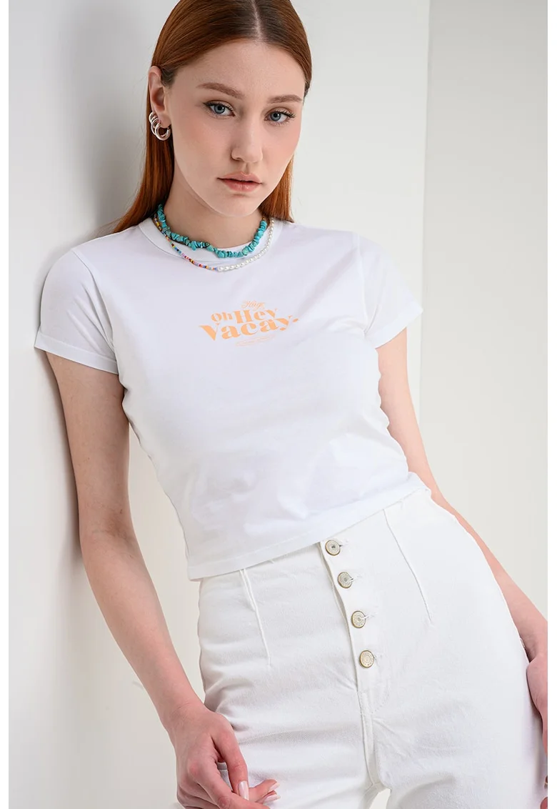 Tricou slim fit cu decolteu la baza gatului Dichroma, Alb/Portocaliu