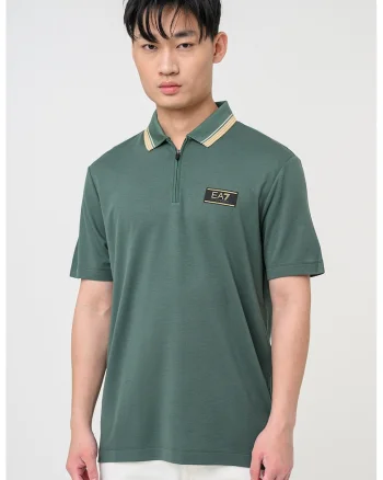 Tricou polo cu aplicatie logo si fermoar scurt Premium Label, Verde padure