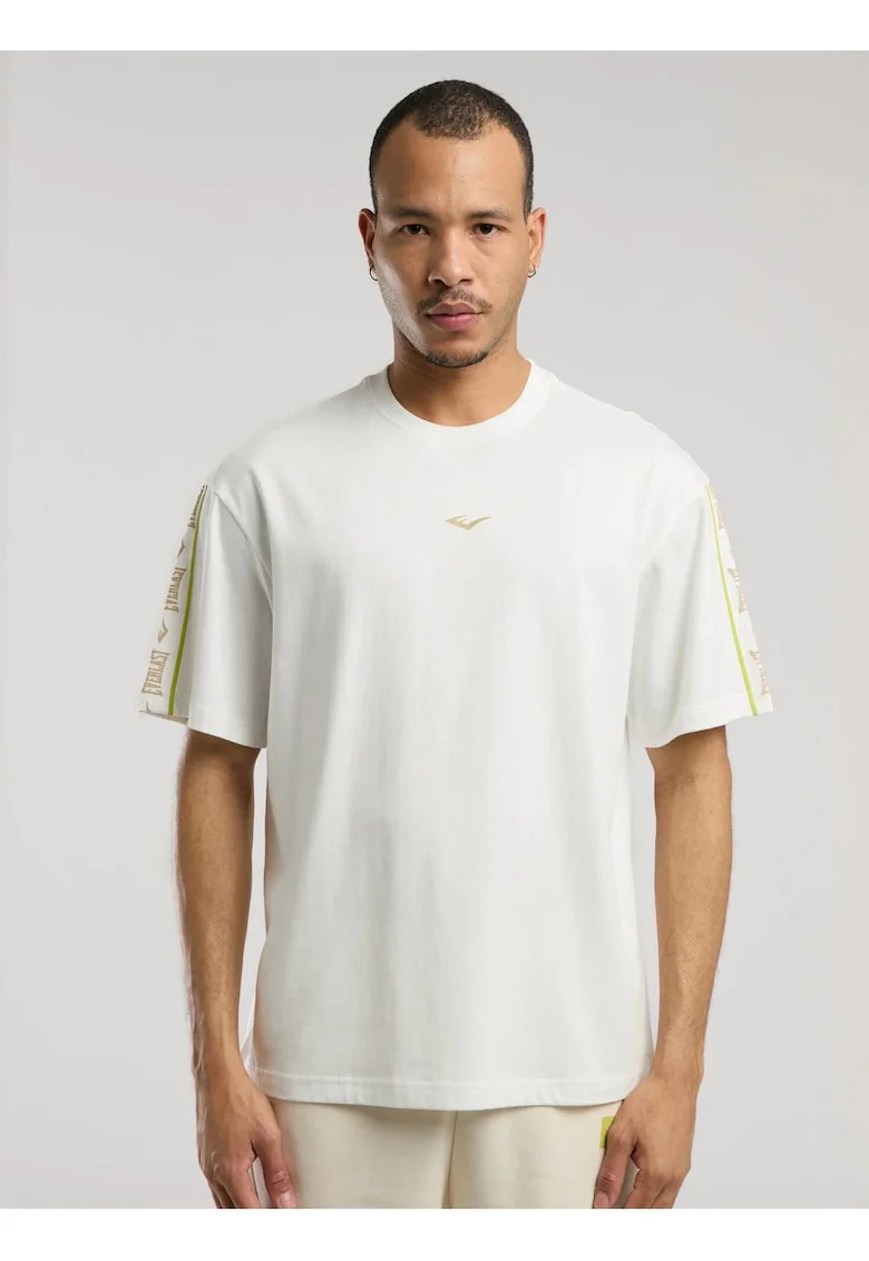 Tricou din amestec de bumbac cu decolteu la baza gatului, Alb, Alb