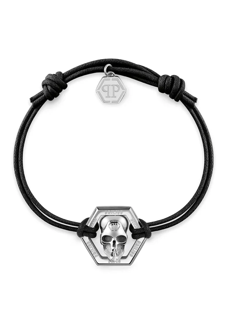 Bratara cu inchidere glisanta si talisman cu craniu, Negru, Negru/Argintiu