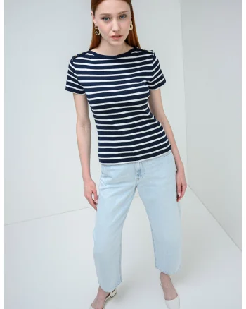 Tricou slim-fit cu model cu dungi, Alb/Bleumarin