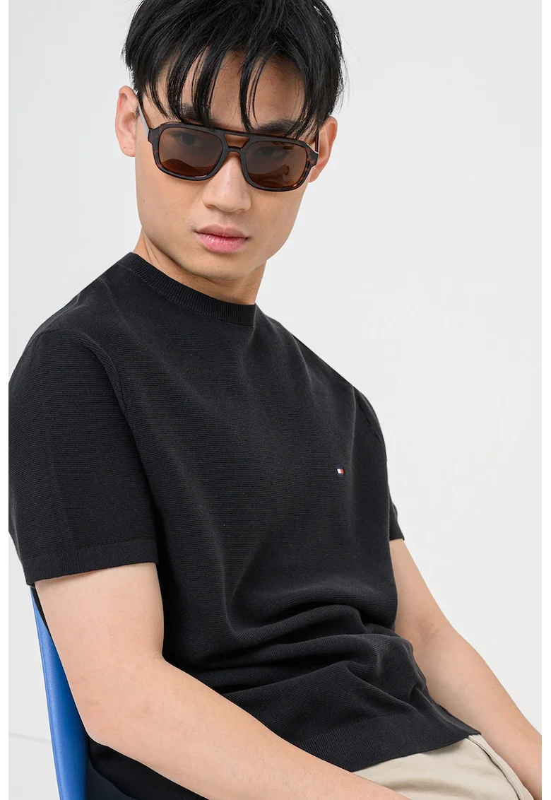 Tricou din tricot cu decolteu la baza gatului, Negru