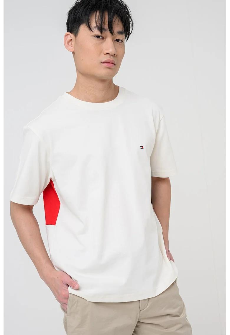 Tricou cu decolteu la baza gatului si imprimeu logo pe partea din spate, Rosu/Alb murdar