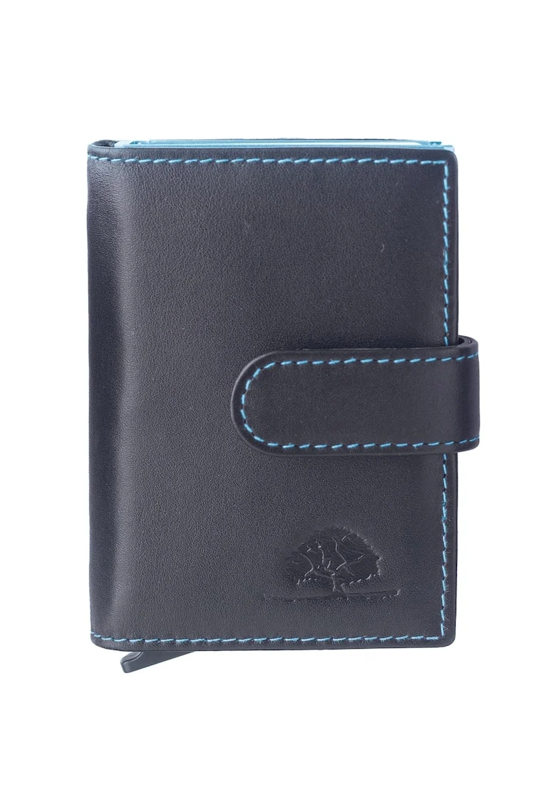 Portofel unisex piele naturala 7 x 10 cm, Royal Nappa,, Negru/Turcoaz