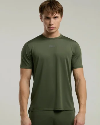 Tricou din amestec de bumbac cu decolteu la baza gatului, Kaki inchis, Kaki inchis