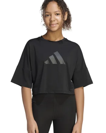 Tricou crop cu imprimeu logo si maneci cazute, Negru