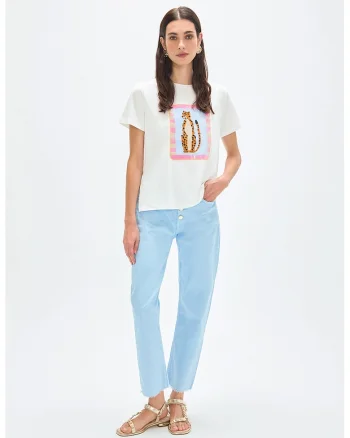 Tricou din amestec de bumbac cu imprimeu grafic, Alb/Portocaliu dovleac/Albastru azur