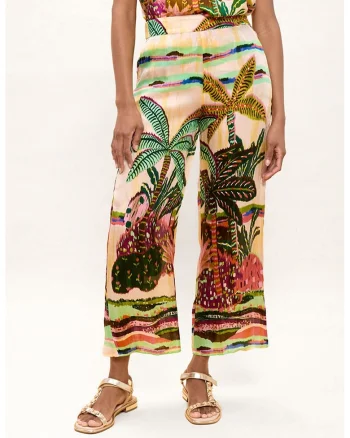 Pantaloni din modal cu model tropical, Verde deschis/Rosu deschis/Bej deschis