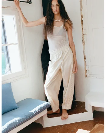 Pantaloni relaxed fit cu insertii brodate, Bej deschis