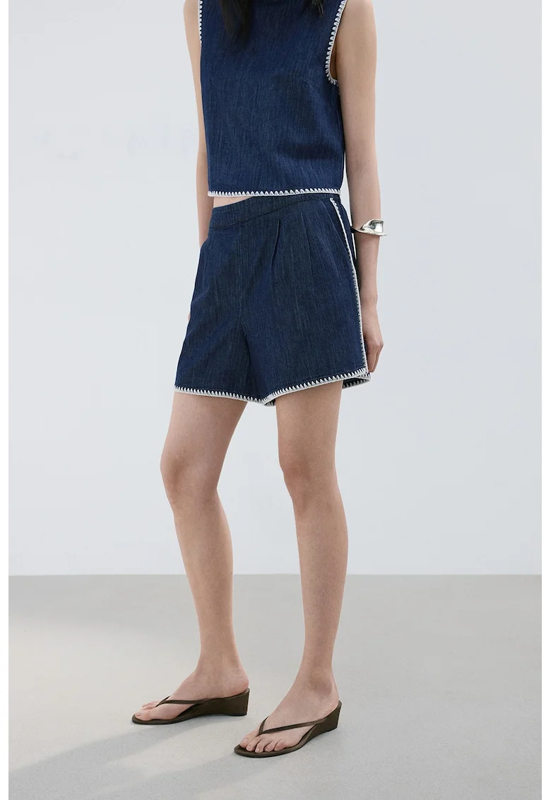 Pantaloni scurti din chambray cu cusaturi contrastante, Albastru inchis