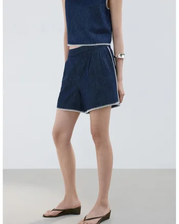 Pantaloni scurti din chambray cu cusaturi contrastante, Albastru inchis