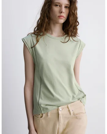 Tricou cu decupaj brodat, fara maneci, Verde pal