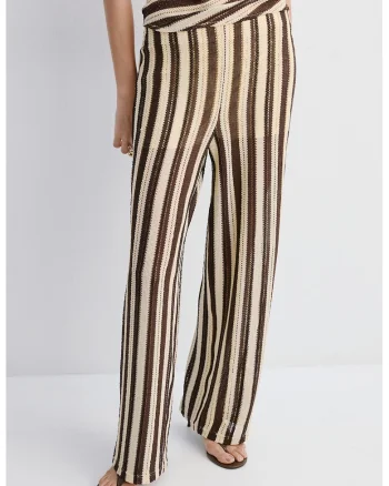 Pantaloni in dungi cu aspect crosetat, Bej deschis/Maro pamantiu