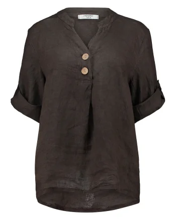 Bluza din in cu maneci ajustabile, Maro inchis