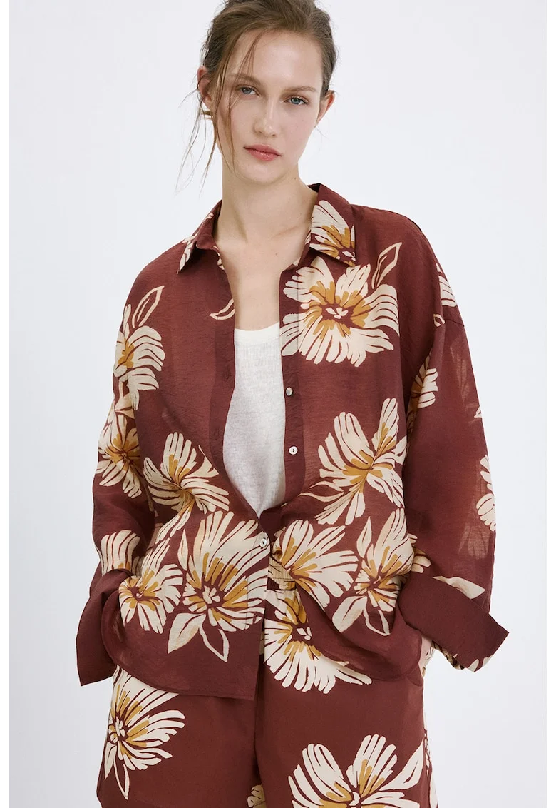 Camasa supradimensionata din amestec de lyocell cu model floral, Rosu stins/Bej deschis