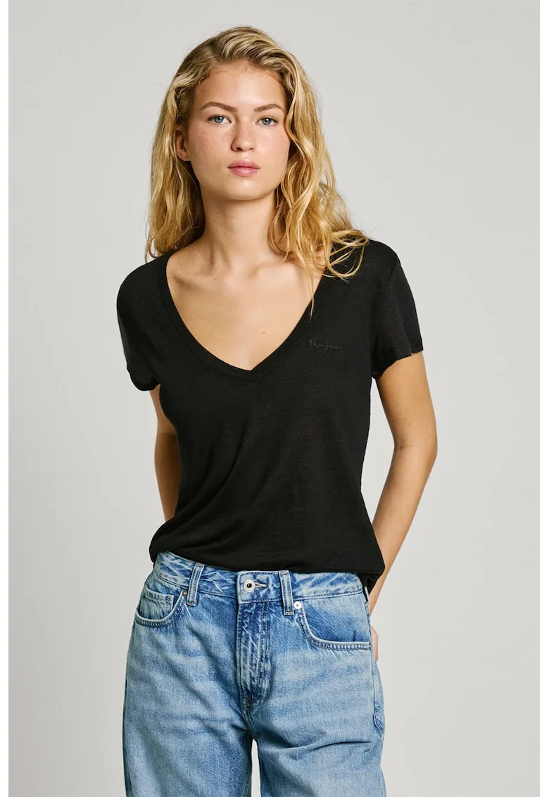 Tricou din bumbac si in cu decolteu in V Megan, Negru