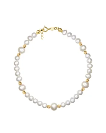 Bratara Aur 585 - 14K cu perle de cultura albe 5+6mm si bile aur, inchizatoare clasica, 18-19 CM