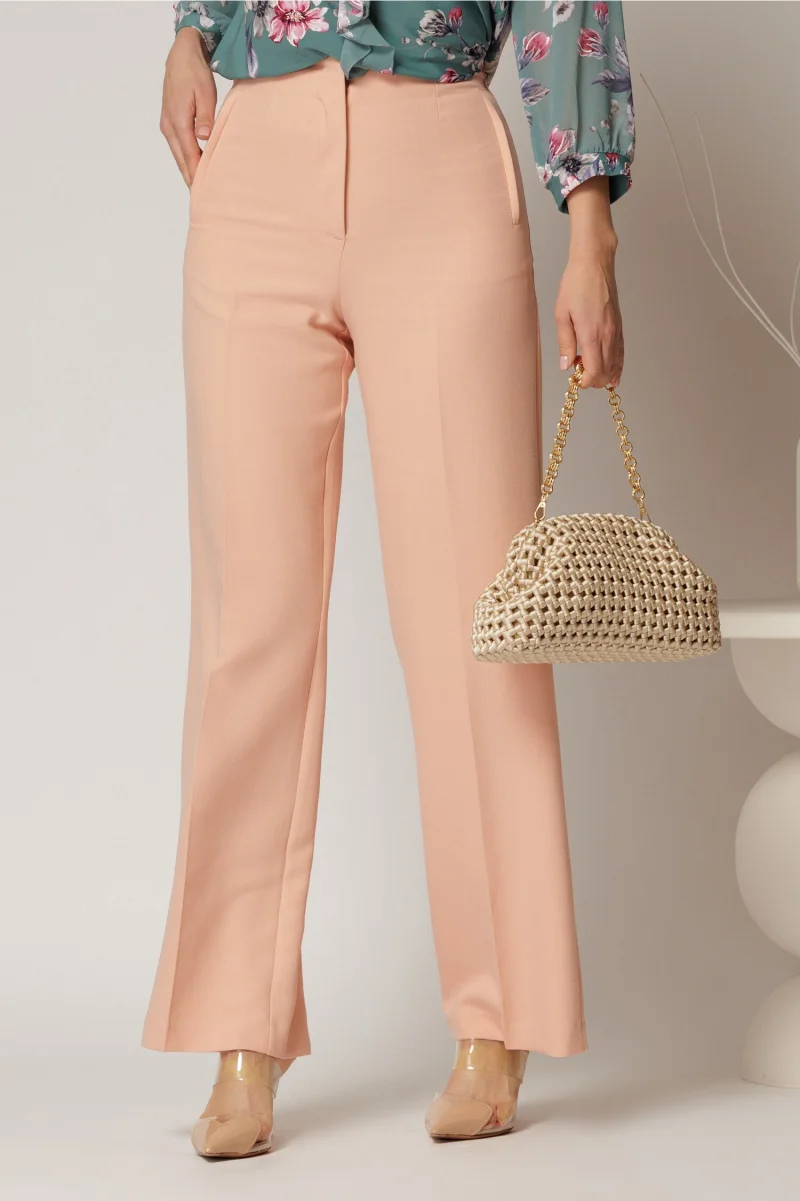 Pantaloni dama roz somon croi drept cu adaos de viscoza