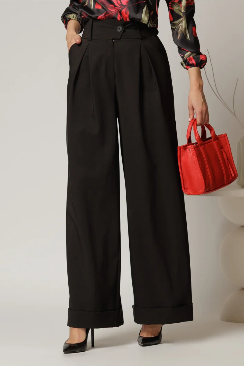 Pantaloni DY Fashion negri cu croi lejer si talie lata