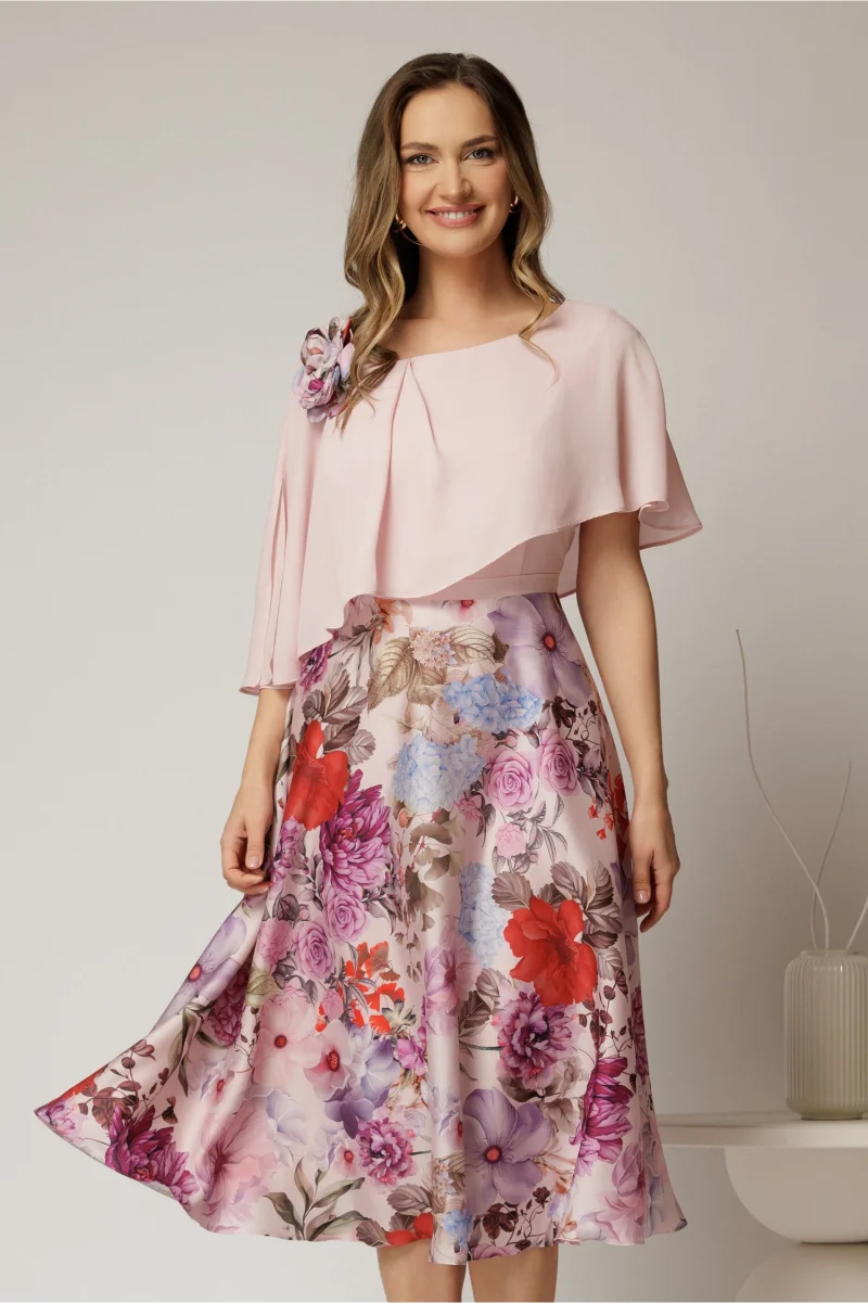 Rochie midi roz de ocazie cu imprimeuri florale pe fusta