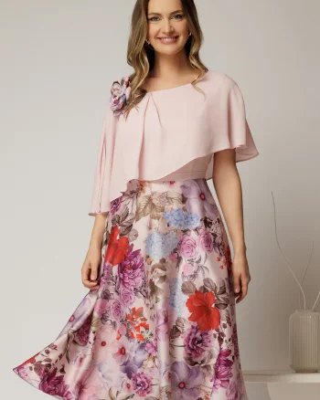 Rochie midi roz de ocazie cu imprimeuri florale pe fusta