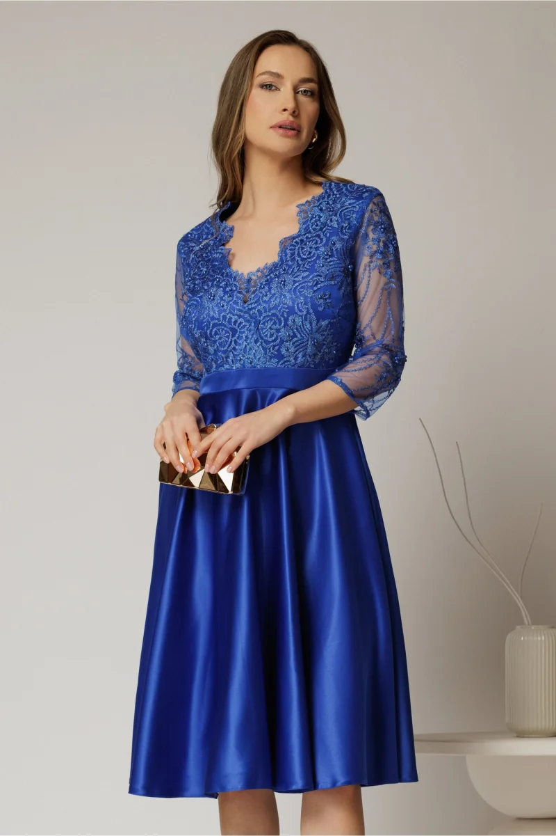 Rochie Inna midi albastra din tafta in clos cu dantela la bust