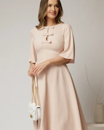 Rochie DY Fashion midi roz cu maneci evazate si funde pe bust