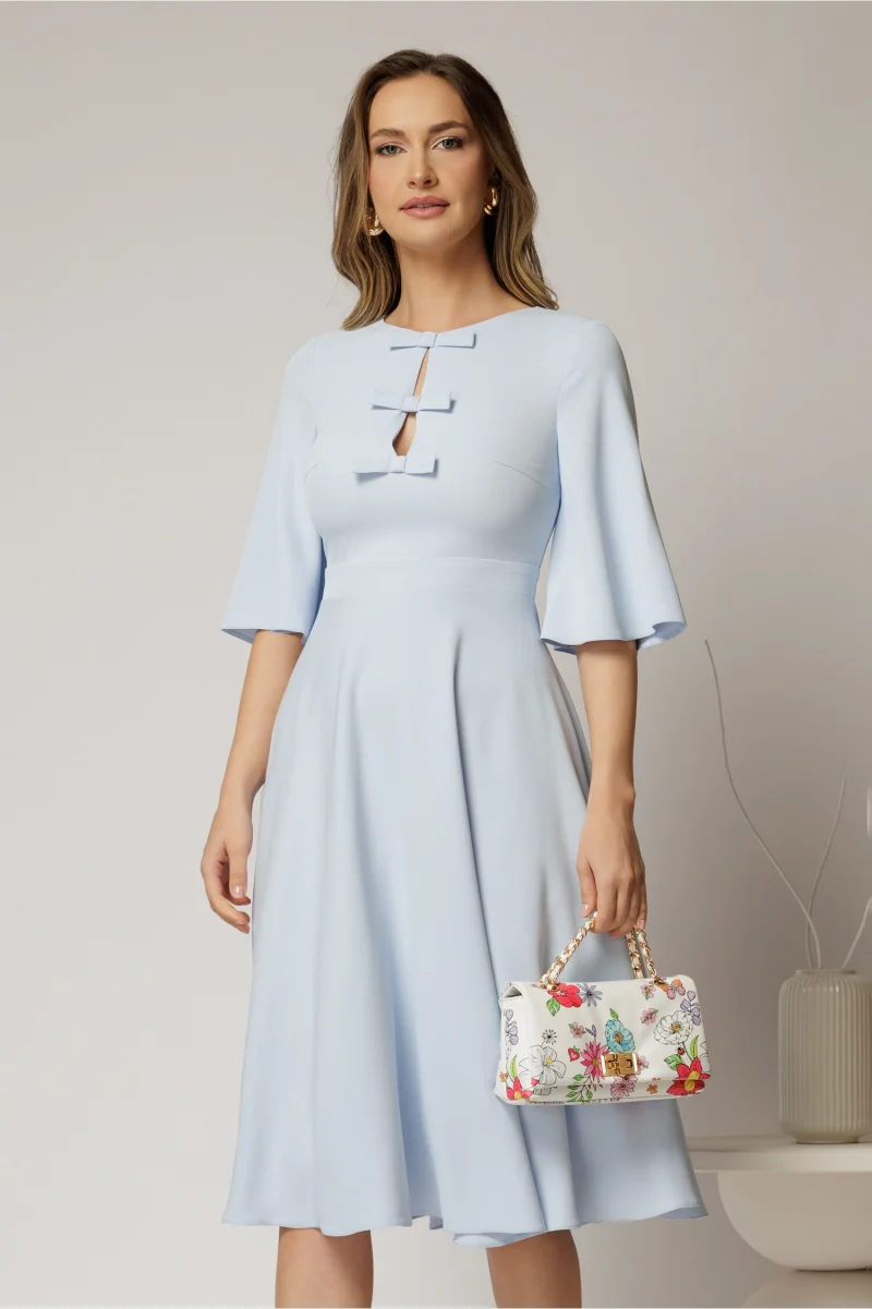 Rochie DY Fashion midi bleu cu maneci evazate si funde pe bust