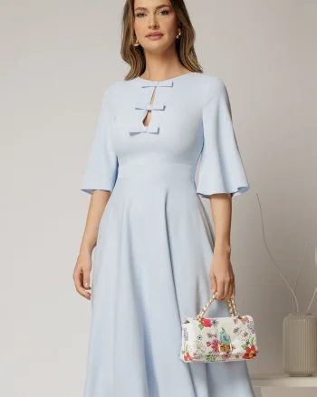 Rochie DY Fashion midi bleu cu maneci evazate si funde pe bust