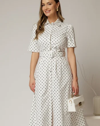 Rochie DY Fashion alba cu buline tip camasa si curea in talie