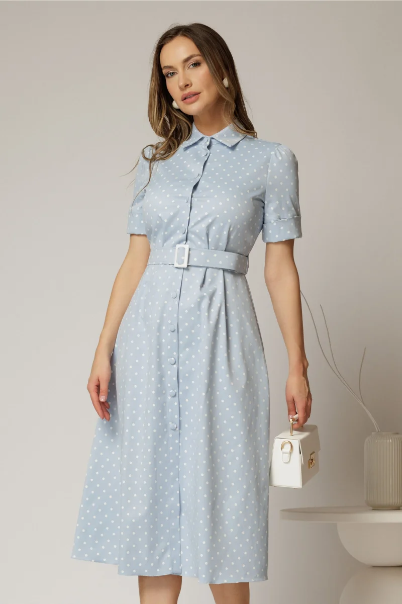 Rochie DY Fashion bleu cu buline tip camasa si curea in talie