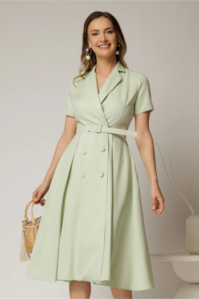 Rochie DY Fashion midi verde fistic cu decolteu petrecut si curea in talie