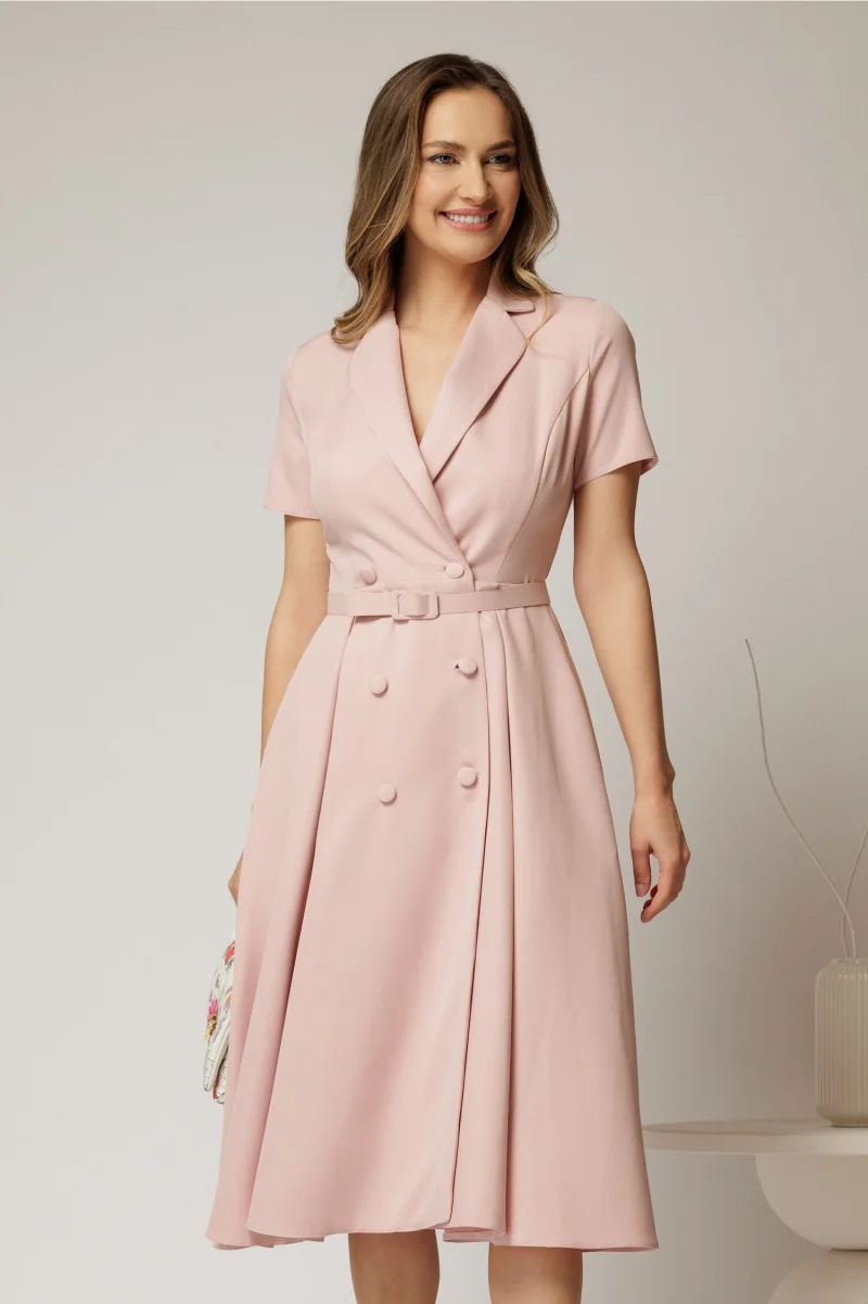 Rochie DY Fashion midi roz cu decolteu petrecut si curea in talie