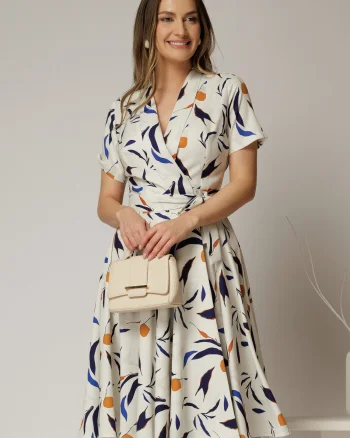 Rochie midi ivoar cu imprimeu cu aspect petrecut si cordon in talie