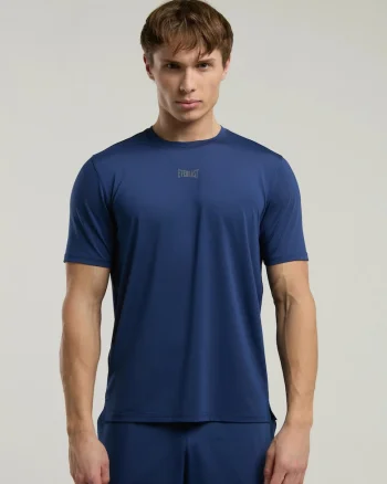 Tricou din amestec de bumbac cu decolteu la baza gatului si imprimeu cu logo, Albastru