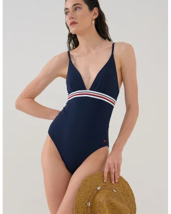 Costum de baie intreg cu decolteu in V, Rosu/Alb/Albastru ultramarin